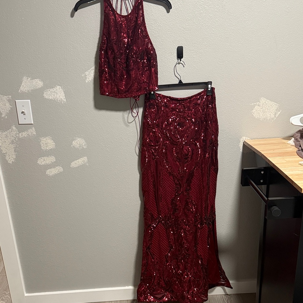 Elegant Burgundy Sequin Two-Piece Set